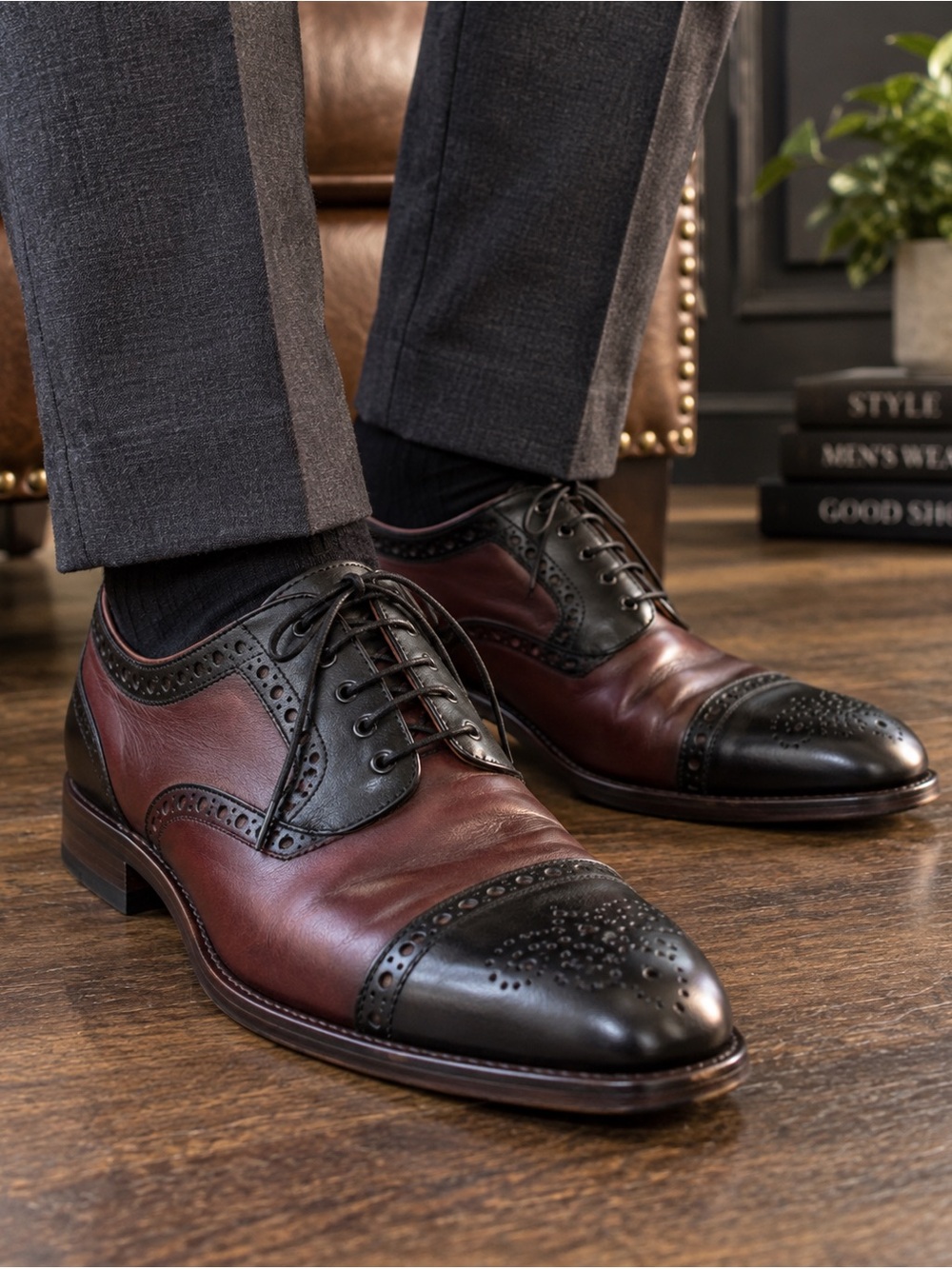 Johnston Murphy 1850 Black Burgundy Cap Toe Brogue Oxford 10M